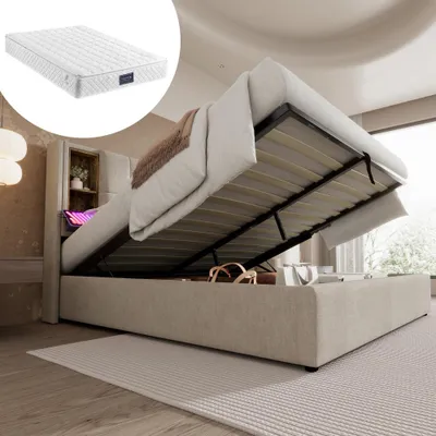 Image de Lit rembourré en lin naturel avec sommier à lattes en bois, espace de rangement et chargeur sans fil USB-C ; structure de lit double 160x200 cm (avec matelas)