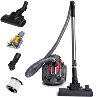 A collection of vacuum cleaner parts and accessories arranged around a central vacuum cleaner unit.