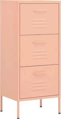A pink metal filing cabinet with three drawers.