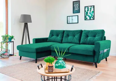 Produktbild von MIUFORM Lars Velours - Ecksofa mit Bettfunktion und Bettkasten - 223x148cm - Flaschengrün - L-Form Links - Schlafsofa Couch