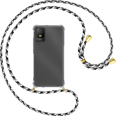 Produktbild von Handykette Backcover-Schutzhülle mit Band (Metall goldfarben) für TCL 403 (T431, 6.0'') - schwarz/grau/weiß