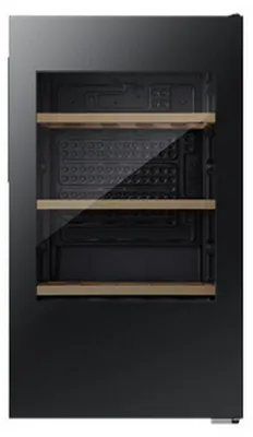 A black wine cooler with wooden shelves.