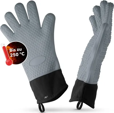 A pair of gray silicone oven mitts with black cuffs, displayed against a white background.