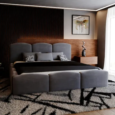 Image de Lit rembourré Bubble 180x200 cm avec coffre, sommier à lattes, tête de lit et matelas. Couleur : gris