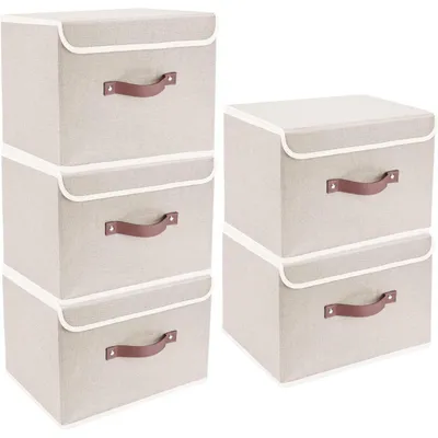Productafbeelding van Opvouwbare opbergbox met deksel, van stof, wasbaar, 38x25x25 cm, 5 stuks, beige