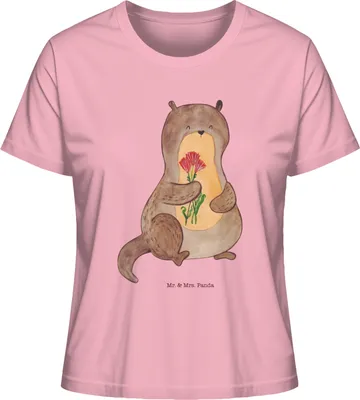 Produktbild von Mr. & Mrs. Panda Oberteil Damen Otter Blumenstrauß Größe L - Baumwolle Pink - Geschenk, Seeotter See, Niedlich, Kurzarmshirt, Basic T-Shirt, Baumwoll, Süß
