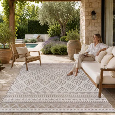 Produktbild von Outdoor Teppich Flachgewebe modern Boho Ethno wetterfest Außenbereich Grösse 80x150 cm