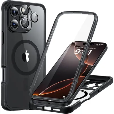 Immagine prodotto di Custodia protettiva per iPhone 16 Pro Max, compatibile con MagSafe, grado di protezione militare a 360°, resistente agli urti, con protezione per la fotocamera, colore nero trasparente