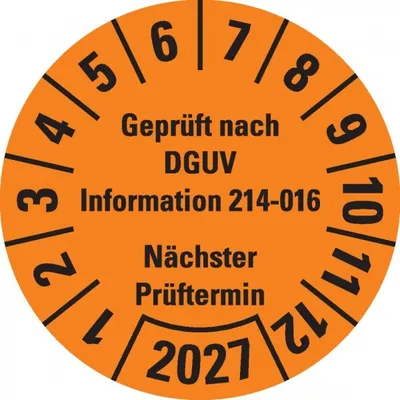 Produktbild von Dreifke® Prüfplakette  DGUV Info. 214-016 NP 2027,orange,Dokufolie,Ø 3...