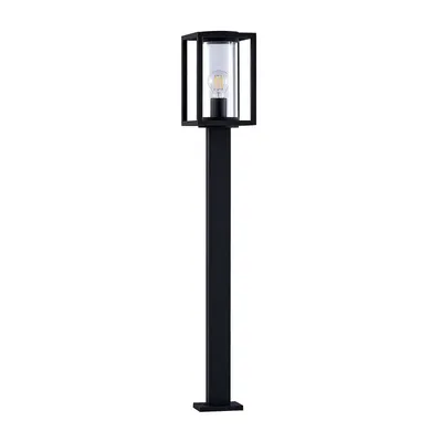 A black outdoor lamp post with a clear glass enclosure for the bulb, presented on a white background.
