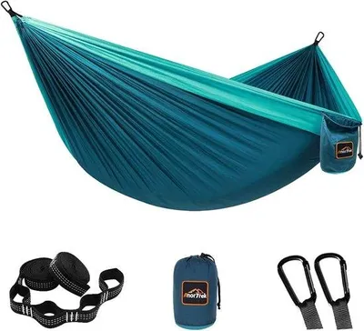 Produktbild von DigiRigi® Camping-Hängematte aus 210T Fallschirm-Nylon (Einzel/Doppel) – superleicht mit 2 Baumgurten 2,5 m, 2 Stahlkarabiner, Tragkraft 230 kg