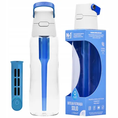 A product shot showing a water bottle and its packaging.