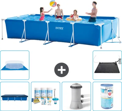 Produktbild von Intex-Schwimmbecken mit rechteckigem Rahmen – 450 x 220 x 84 cm – Blau – im Lieferumfang enthalten Abdeckung - Wartungspaket - Filterpumpe für Schwimmbad - Filter - Bodenplane - Solarmatte