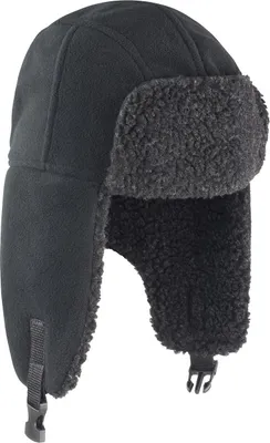 A black trapper hat with sherpa lining is shown against a white background.