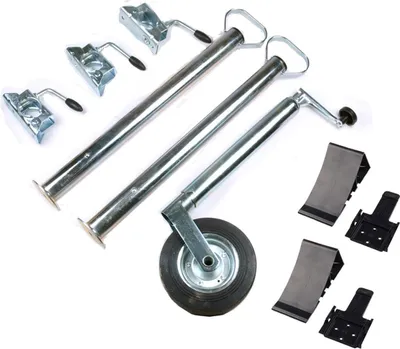Produktbild von Anhänger Zubehör Set - 10 teilig - Stützrad, Stützen 700 mm, Klemmhalter, Unterlegkeile und Halter (schwarz)