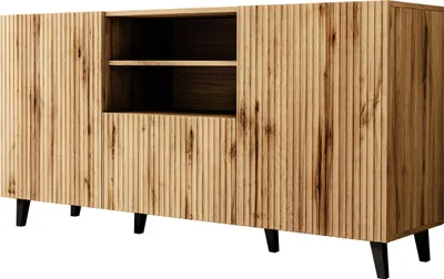 Produktbild von MIRJAN24 Kommode Vamos 150, Stilvoll Highboard mit 2 Türen und Schublade, Modern Wohnzimmer Sideboard (Farbe: Wotan / Schwarz Füße)