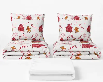 Immagine prodotto di Set di lenzuola matrimoniale "Casette rosse" - 2 lenzuola, lenzuolo piumino 180x200 cm (035), colore bianco