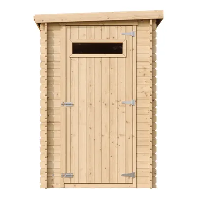 A wooden garden shed with a single door and a small window.