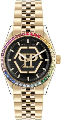 A close-up studio shot of a gold Philipp Plein analog watch with a black dial and a rainbow-colored bezel.