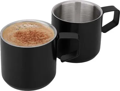 Zdjęcie produktu dla Filiżanki do espresso ze stali nierdzewnej, zestaw 2 sztuk, 120 ml, izolowane, czarne, do użytku na świeżym powietrzu