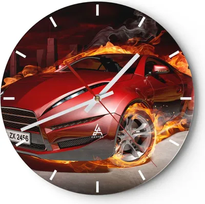 Produktbild von Wanduhr - Rund - Glasuhr - Auto Flammen Rot - 30x30cm - Schleichendes Uhrwerk - Lautlos - zum Aufhängen bereit - Dekoration Modern - Wanddekoration aus Glas - C3AR30x30-0200