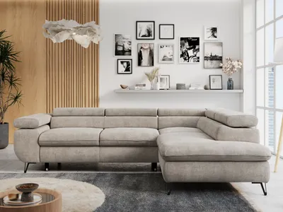 Produktbild von Ecksofa Sofa Beige, Wohnlandschaft L-Form mit Schlaffunktion und Bettkasten, Schlafsofa mit Bettkasten, Sofa mit Einstellbare Kopfstützen, Peter L - Beige Struktur - Rechts Beige