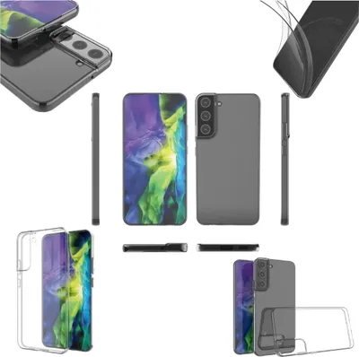 A collage of images showing a transparent phone case for a Samsung Galaxy S22 Plus, with various angles and close-ups.