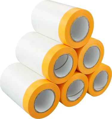 Produktbild von 6 Rollen Abdeckfolie Klebeband mit Folie 55cm*20M Klebeband mit Transparent AbdeckFolie Goldband Masker Tape Malerkrepp zum Staubschutz Abdeckfolie Selbstklebende Malerfolie Malerband UV Beständig