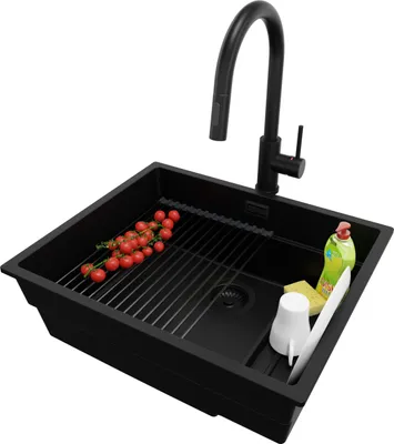 Produktbild von PRIMAGRAN Granitspüle Alles Schwarz 56x47cm, Spülbecken 1 Becken + Ablauf-Set + Küchenzubehörset, Küchenspüle ab 60er Unterschrank - Praga Slim
