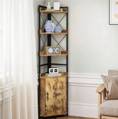 Produktbild von Eckregal 4 Ebenen mit Schrank, Eck-Bücherregal, Standregal Freistehend, Holzregal mit Stahlrahmen, 32 × 32 × 180 cm, Braun