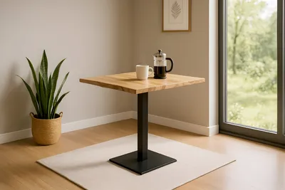 Produktbild von Bistrotisch Baumkante massiv Akazie natur lackiert 60 x 60 cm Stempelfuß schwarz IRIS