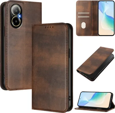 Obrázek produktu pro Pouzdro pro Realme C67 4G/Realme 12 Lite, vintage kožené pouzdro s RFID ochranou, přihrádkami na karty, stojánkem Hnědý