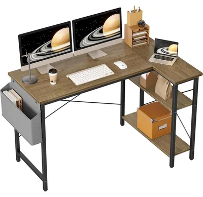 Zdjęcie produktu dla Biurko w kształcie litery L, o wymiarach 120x70 cm, z półkami, możliwość odwrócenia, biurko narożne do nauki i pracy, kolor: szary/brązowy