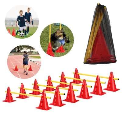 Produktbild von ISOISL 6er Sports Steckhürdenset 12 Kegel + 6 Stangen Agility Hürden Steckhürden Set, Koordinationstraining für Kinder Hunde Teamsport Fussball, Multifunktionskegel