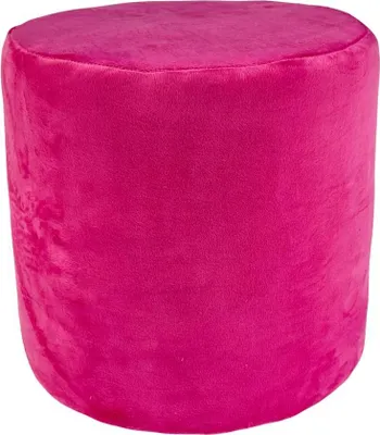 A fuchsia velvet ottoman is shown against a white background.