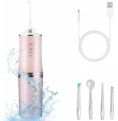 Produktbild von Munddusche Kabellos Wasserdicht, 3 Modi Elektrischer Mundduschen-Flosser mit 4 Düsenspitzen, Zahnreinigung für Zwischenräume, Zuhause&Reisen, Rosa