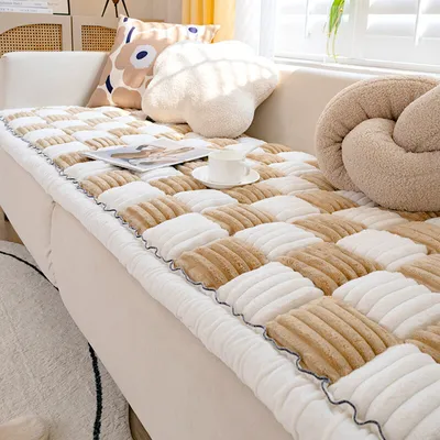 Image de （70*210cm, marron clair）Housse de canapé en flanelle Coussin de canapé en damier Housse de canapé en coton jardin-chic Style crème à carreaux pour coussin de protection de canapé, coussin de fenêtre en baie, coussin de chevet, tatami