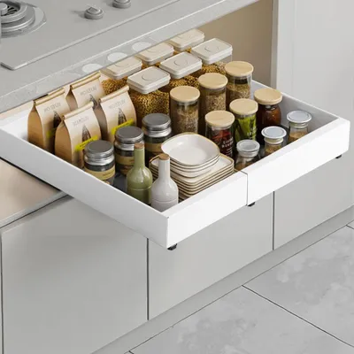 Produktbild von 1 Stück Teleskopschublade Küchenschrank Ausziehbare Schublade Schrank Organizer ohne Bohren 32 bis 52cm Breite einstellbar x 41.5 cm Tiefe