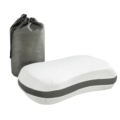 A white orthopedic pillow with a gray stripe and a gray travel bag are displayed against a white background.