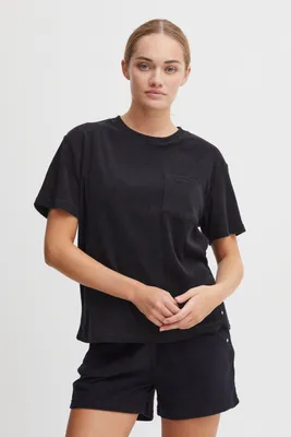 Immagine prodotto di OXMO OXFRIKA: T-shirt da donna a maniche corte, in cotone felpato, con taschino sul petto, vestibilità regular
