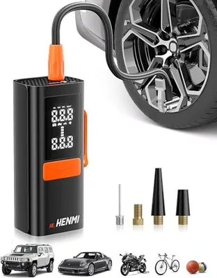 Produktbild von HENMI Elektrische Luftpumpe, Akku Luftpumpe Auto mit alle ventile (10,3-11,7 Bar), 7500-18000 mAh Fahrradpumpe Elektrisch Digitalanzeige Manometer