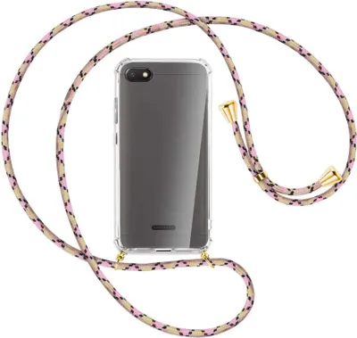 Produktbild von Handykette Backcover-Schutzhülle mit Band (Metall goldfarben) für Xiaomi Redmi 6A - rosa Karo