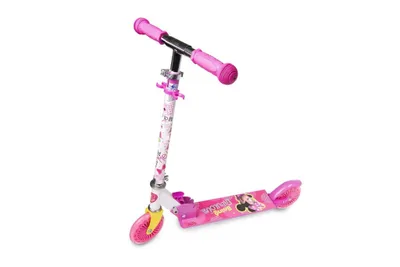 A pink and white children's scooter with Minnie Mouse graphics.
