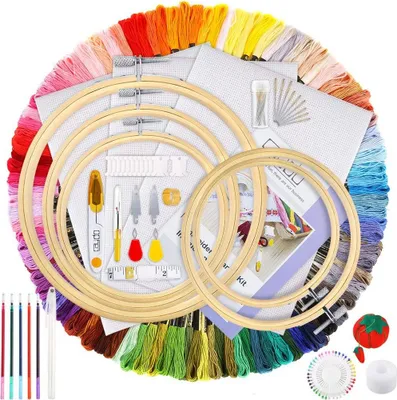 Produktbild von Stickset, 154-teilig, mit Anleitung, 100 farbigen Garnen, 5-teiligem Stickrahmen aus Bambus, Kreuzstich-Zubehör für Erwachsene, Anfänger und Kinder