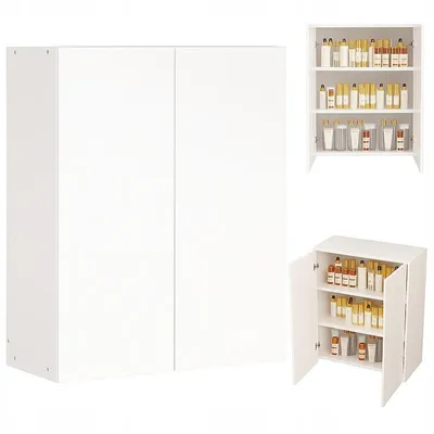 A white two-door cabinet with shelves filled with cosmetic bottles, shown from the front and in a smaller inset view with doors open.