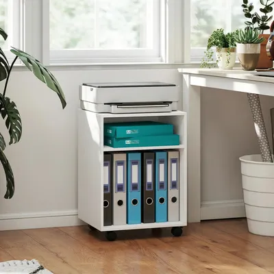 Obrázok produktu pre Mobilná kancelárska skrinka – regál na dokumenty – otvorené priečky – úložisko dokumentov – stojan na tlačiareň – drevená – pre domáce pracovisko