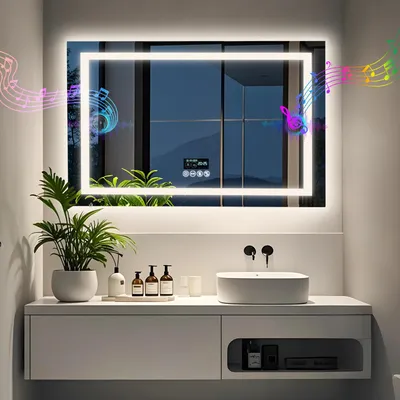 Immagine prodotto di Specchio da bagno a LED - Specchio da parete rettangolare 100x70 cm - Altoparlante Bluetooth - Intensità regolabile - Antiappannamento - Funzione di memoria - 3 tonalità di luce - Antischeggia