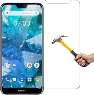 A smartphone screen protector is shown being tested for durability with a hammer.