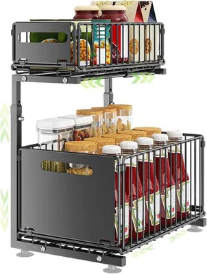Image de Étagère coulissante pour évier, organiseur de placard à 2 niveaux, étagère de rangement pour placard, organiseur de placard coulissant avec tiroirs pliables, pour la cuisine, la salle de bains et les espaces de rangement
