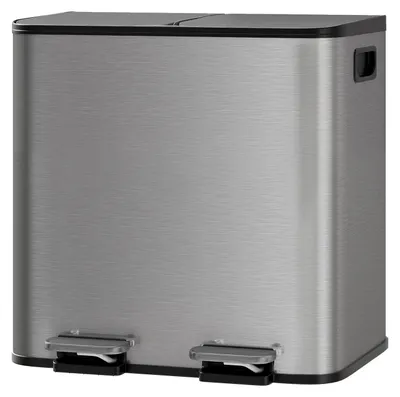 Image de Poubelle de tri – Double compartiment – Acier inoxydable – 2 x 15 litres – Pédale avec fermeture douce – Pour le tri des déchets en cuisine, à la maison ou au bureau – Gris